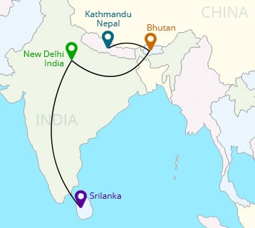 India Sri-Lanka Bhutan Nepal Tour Tour Map